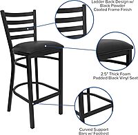Flash Furniture Hercules Series Ladder Back Metal Restaurant Barstool, Modern Upholstered Armless Bar Height Chair for Restaurants and Kitchens, Black Black Vinyl Seat/Black Metal Frame Set of 1