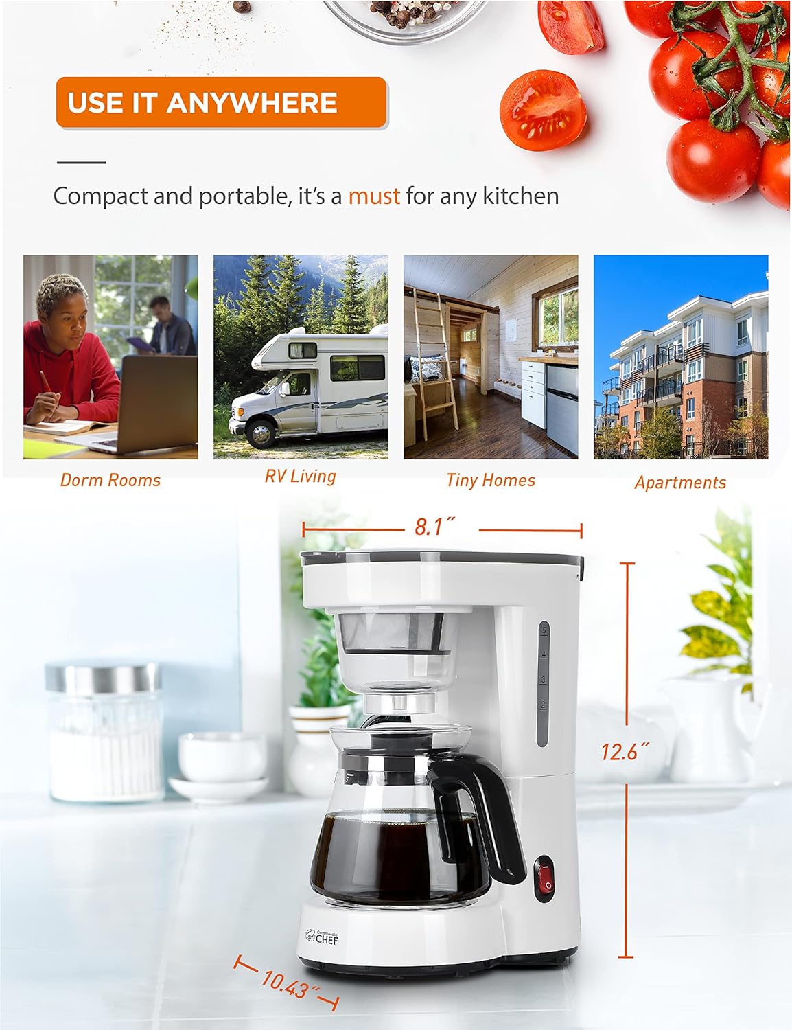 Commercial Chef Drip Coffee Maker with Pour Over Filter, 5 Cup, 0.75L Water Tank, Brews in 6 Minutes