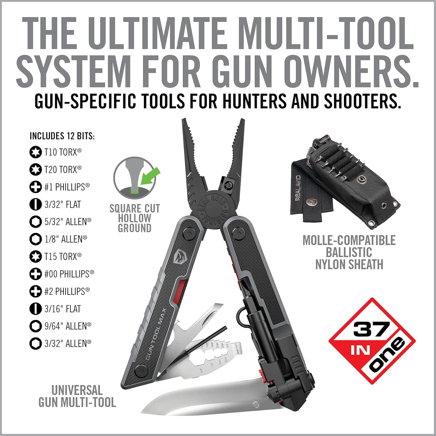 Real Avid Gun Tool Max, 37-in-1 Multitool for Gunsmithing, Includes Pliers, Wire Cutters, Knife Blade