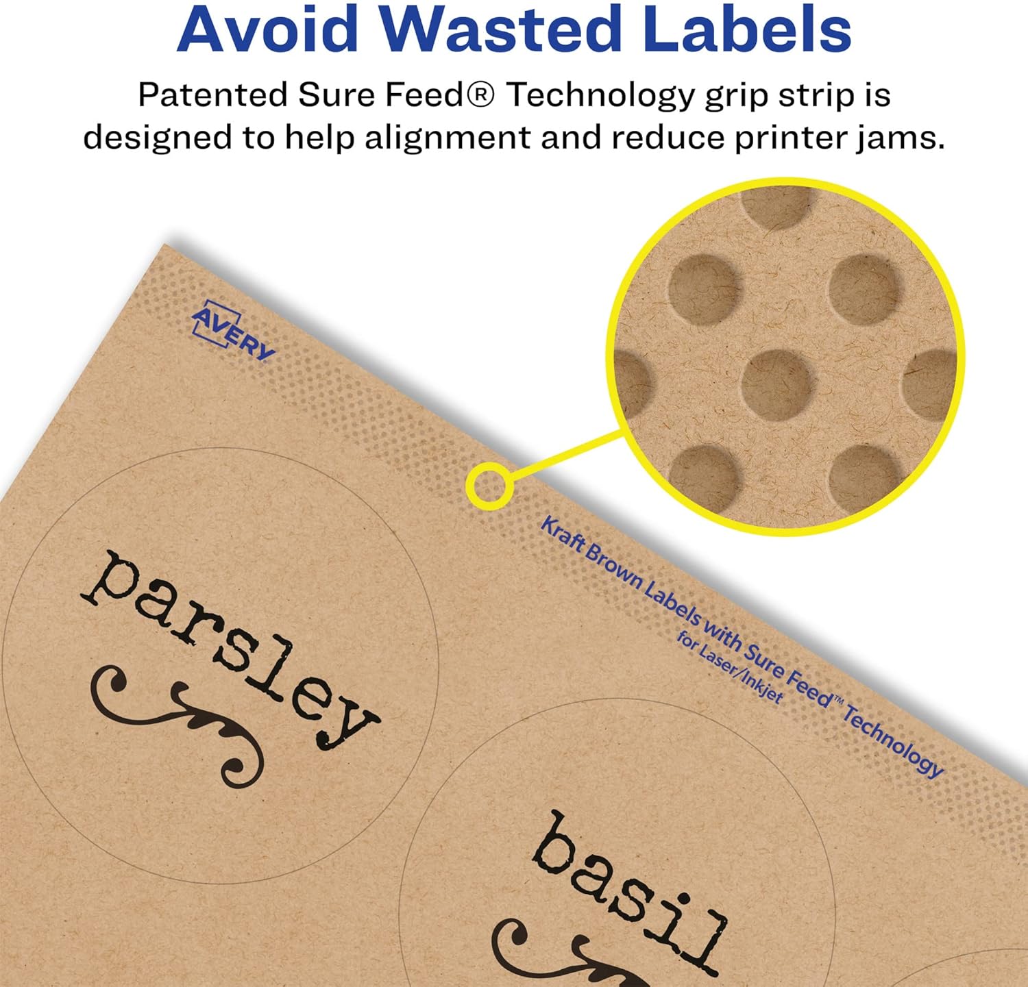 Avery Kraft Brown Round Labels, Sure Feed Technology, 3" Diameter, Print-to-The-Edge, Laser/Inkjet Printable