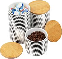 Mind Reader 3-Piece Canister Set, Sugar Container, Coffee Storage, Lids, Kitchen, Ceramic, 4"L x 4"W x 7"H, Black and White