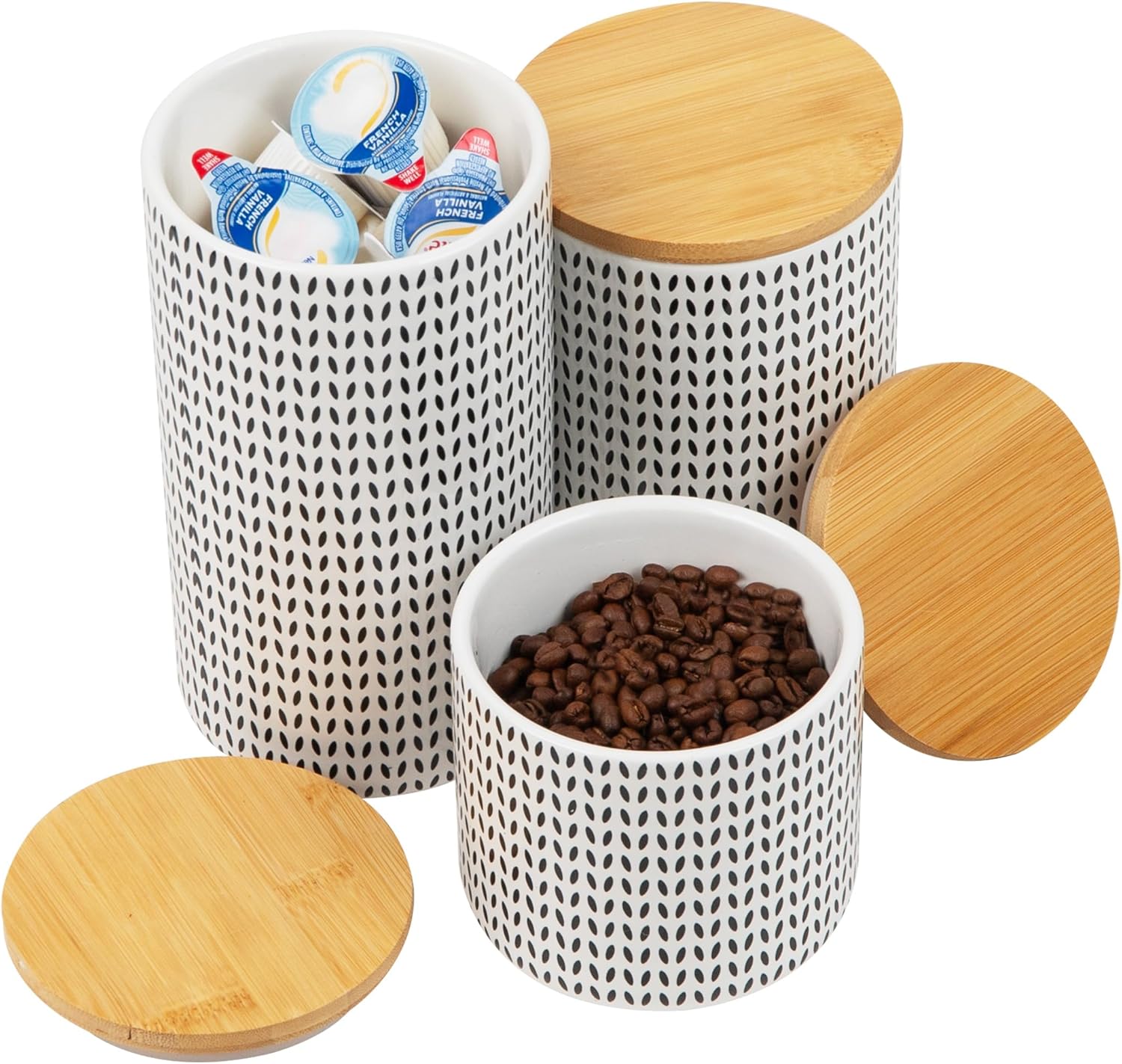 Mind Reader 3-Piece Canister Set, Sugar Container, Coffee Storage, Lids, Kitchen, Ceramic, 4"L x 4"W x 7"H, Black and White