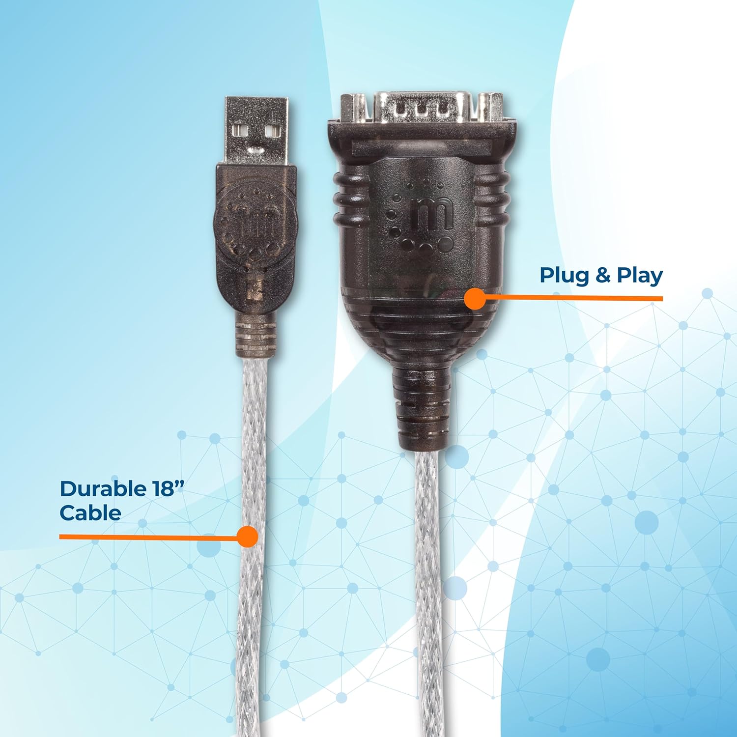 Manhattan USB to RS232 Serial Adapter Converter – Long 18 Inch Cable Cord, 24 AWG - Connects Serial Device to a USB Port