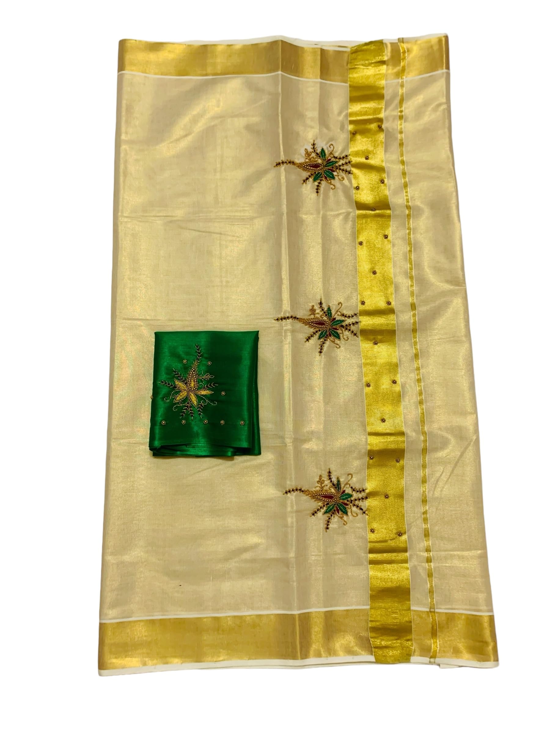 Kuthampully Kerala Kasavu Sarees For Women | Handcrafted Aari work Kerala Sarees | Tissue Onam Saree With Running Blouse | South Indian Sarees | Onam Saree EKM-835 (Green)