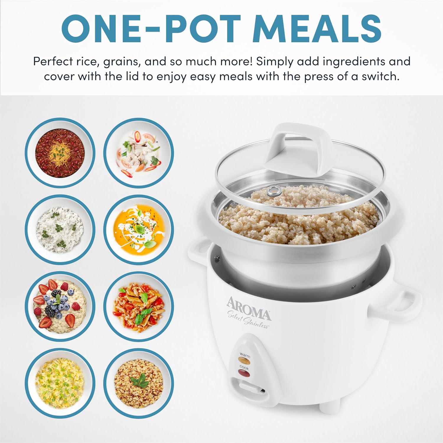 AROMA® Select Stainless® Rice Cooker, 3-Cup (Uncooked) / 6-Cup (Cooked), Stainless Steel Inner Pot, Small Rice Cooker