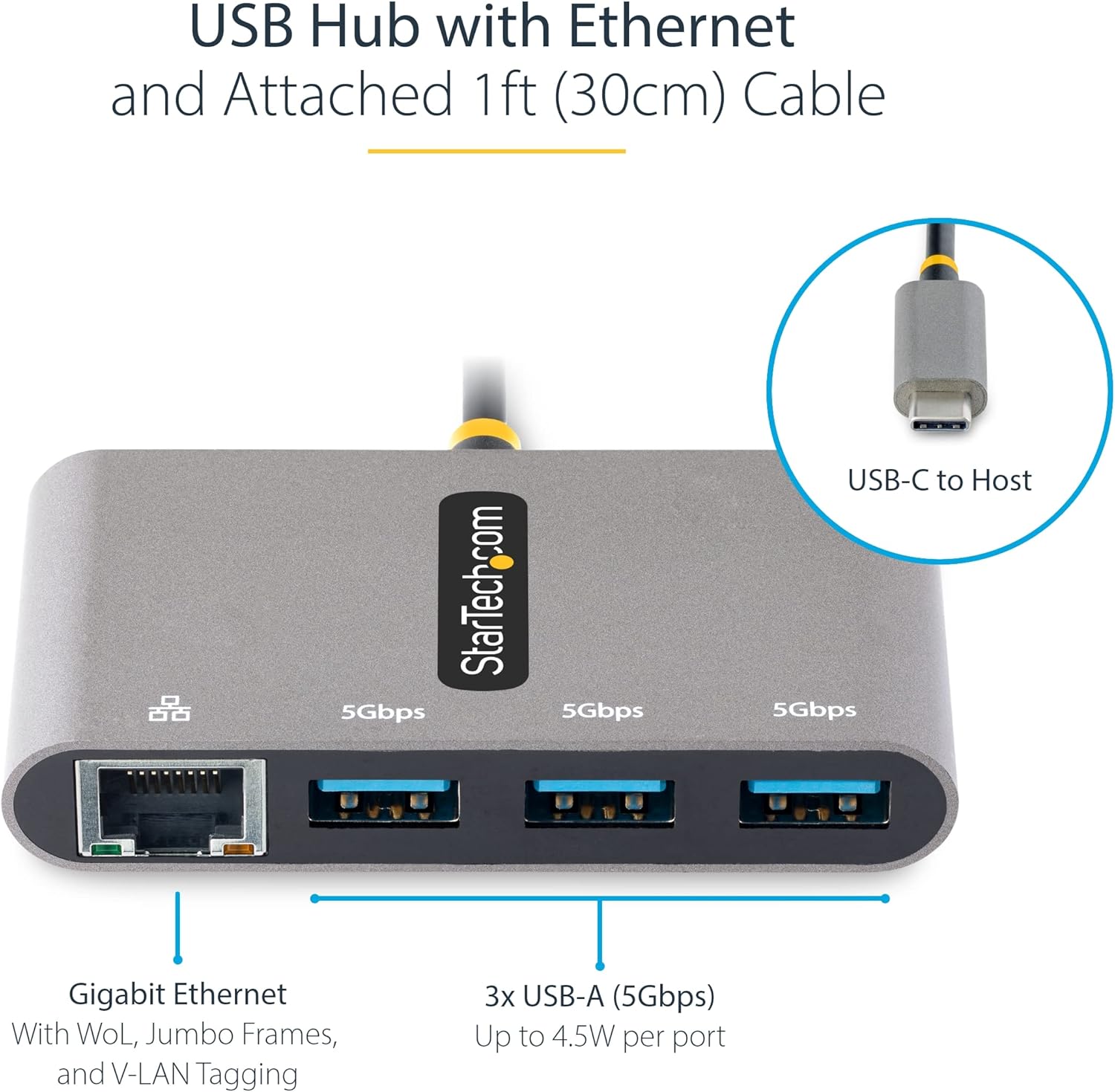 StarTech.com 3-Port USB-C Hub with Ethernet - 3X USB-A - Gigabit Ethernet - USB 3.0 5Gbps - Bus-Powered