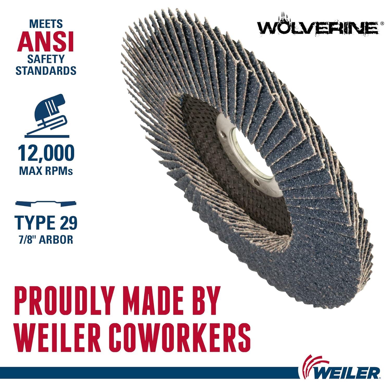 Weiler 31355 Wolverine 5" x 7/8" Arbor Hole Abrasive Flap Disc, 36 Grit Zirconia Alumina, Bevel Type 29, Phenolic Backing