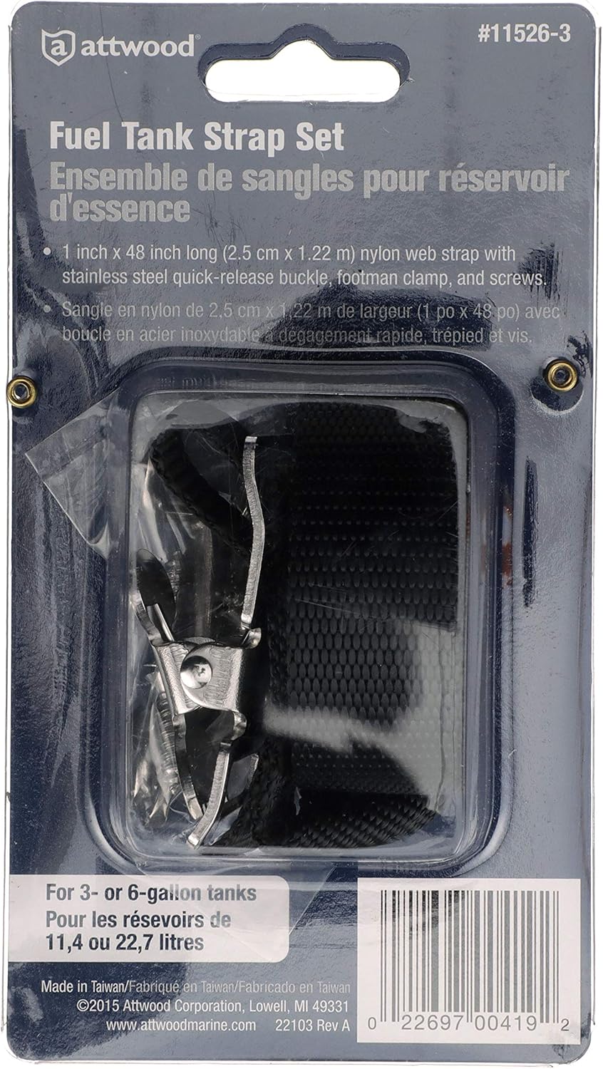 Attwood 11526-3 Fuel Tank Strap Set, for 3-6-Gallon Tanks, 1-Inch-Wide White Nylon Strap with Snap and Buckle, 48 Inches Long