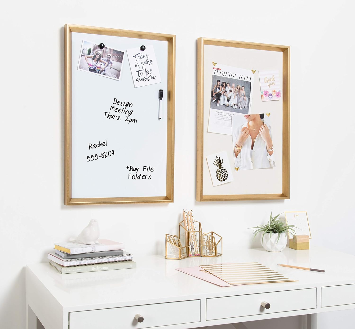 DesignOvations Kate and Laurel Calter Magnetic Dry Erase Board, Melamine, 16 1/2 x 25 1/2 , White, Gold Plastic Frame