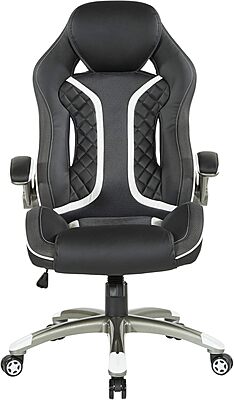 OSP Home Furnishings Xplorer 51 Ergonomic Adjustable High Back Gaming Chair with Lumbar Support and Padded Flip Arms, Black Faux Leather with White Trim