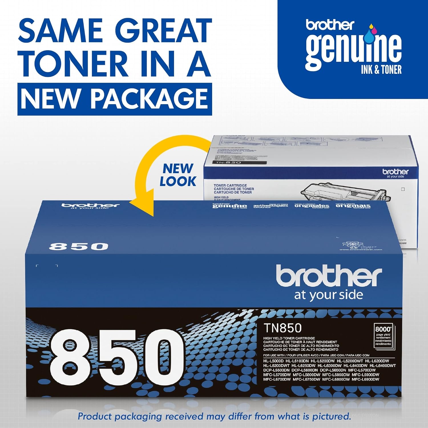 Brother Genuine High Yield Toner Cartridge, TN850, Replacement Black Toner, Page Yield Up to 8,000 Pages