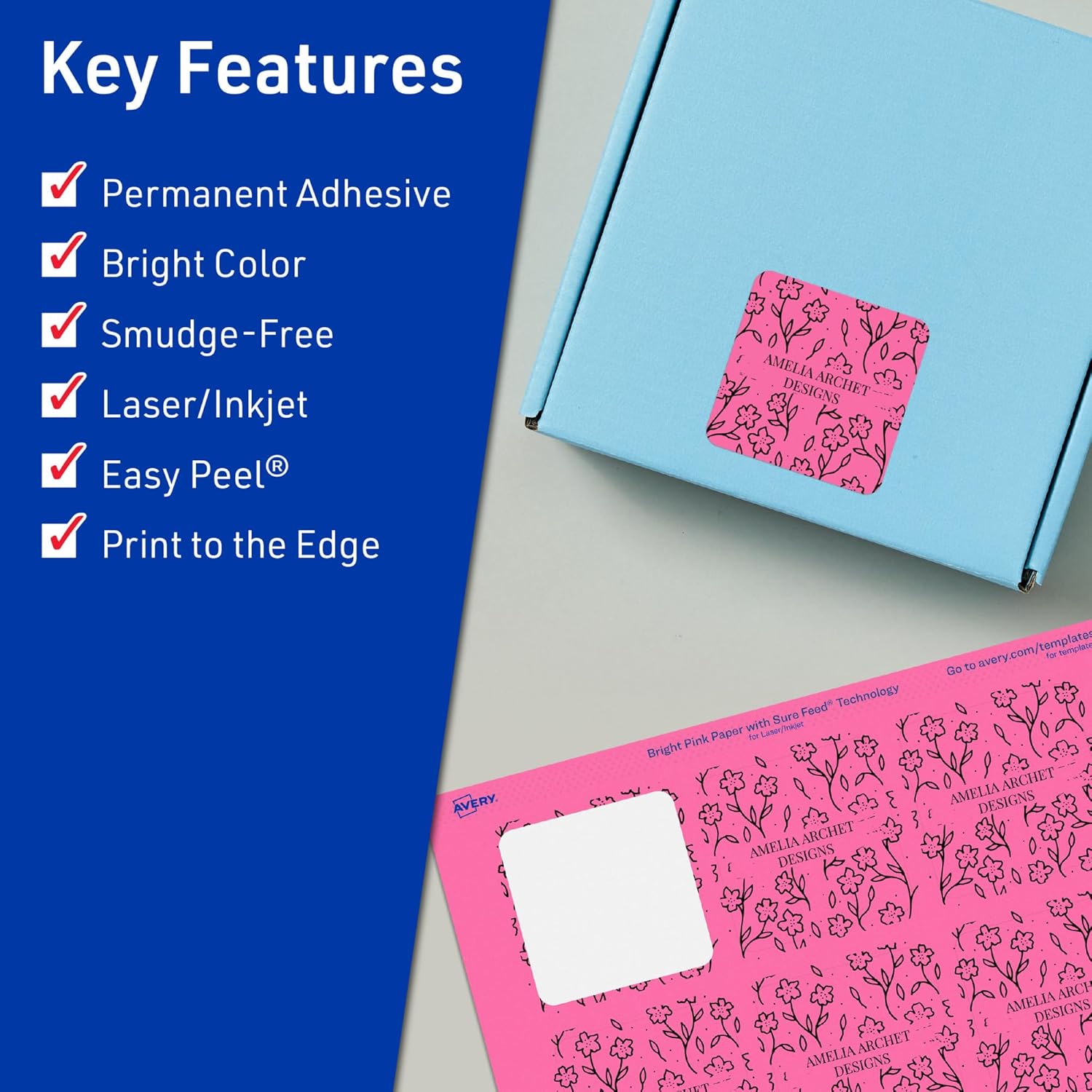 AVERY Printable Square Labels, Sure Feed Technology, Print-to-The-Edge, Laser/Inkjet Printable