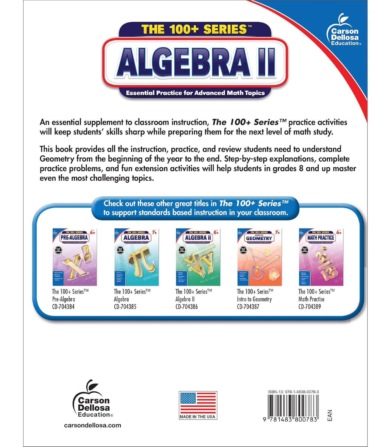 Carson Dellosa The 100 Series Algebra 2 Workbook, Math Book for Grades 8 and Up Covering Trigonometry, Quadratic Equations