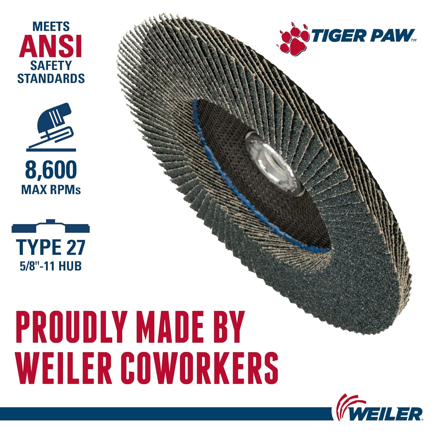 Weiler 51168 Tiger Paw XHD Super High Density Abrasive Flap Disc, Type 27 Flat Style, Phenolic Backing, Zirconia Alumina