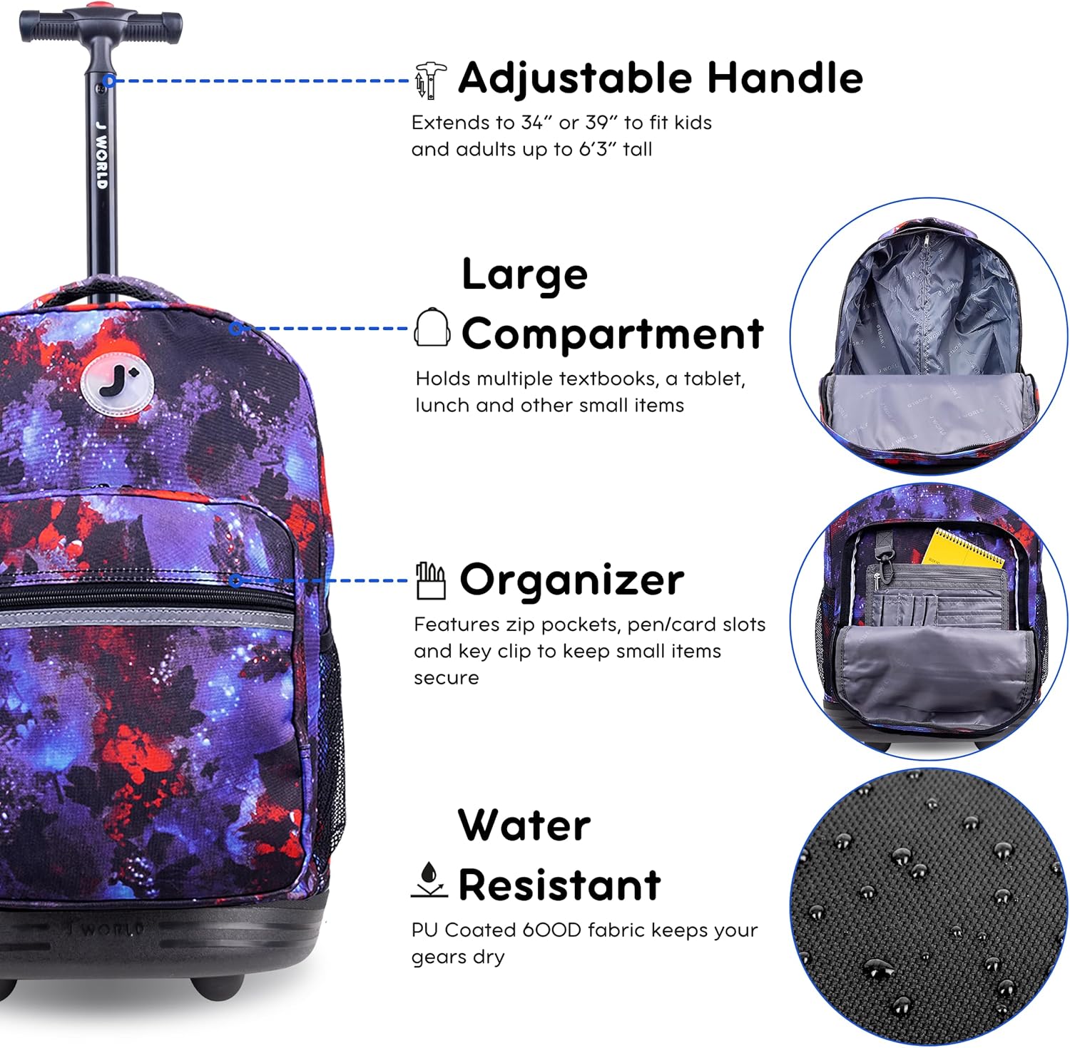 J World New York Sunrise Kids Rolling Backpack for Girls Boys Teen. Roller Bookbag with Wheels, Galaxy, 18"
