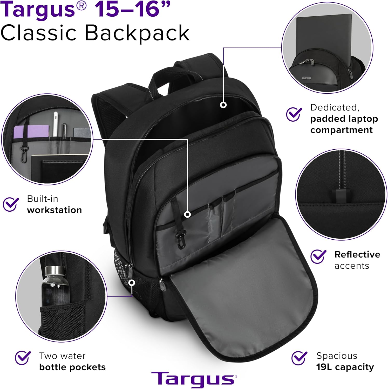 Targus 15-16 Inch Classic Laptop Backpack - Fits Most Laptops up to 16", Padded Travel Backpack for Business Commuters