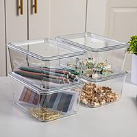 Martha Stewart Brody Plastic Storage Organizer Bins with Transparent Lids for Home Office, Kitchen, or Bathroom, 4 Pack