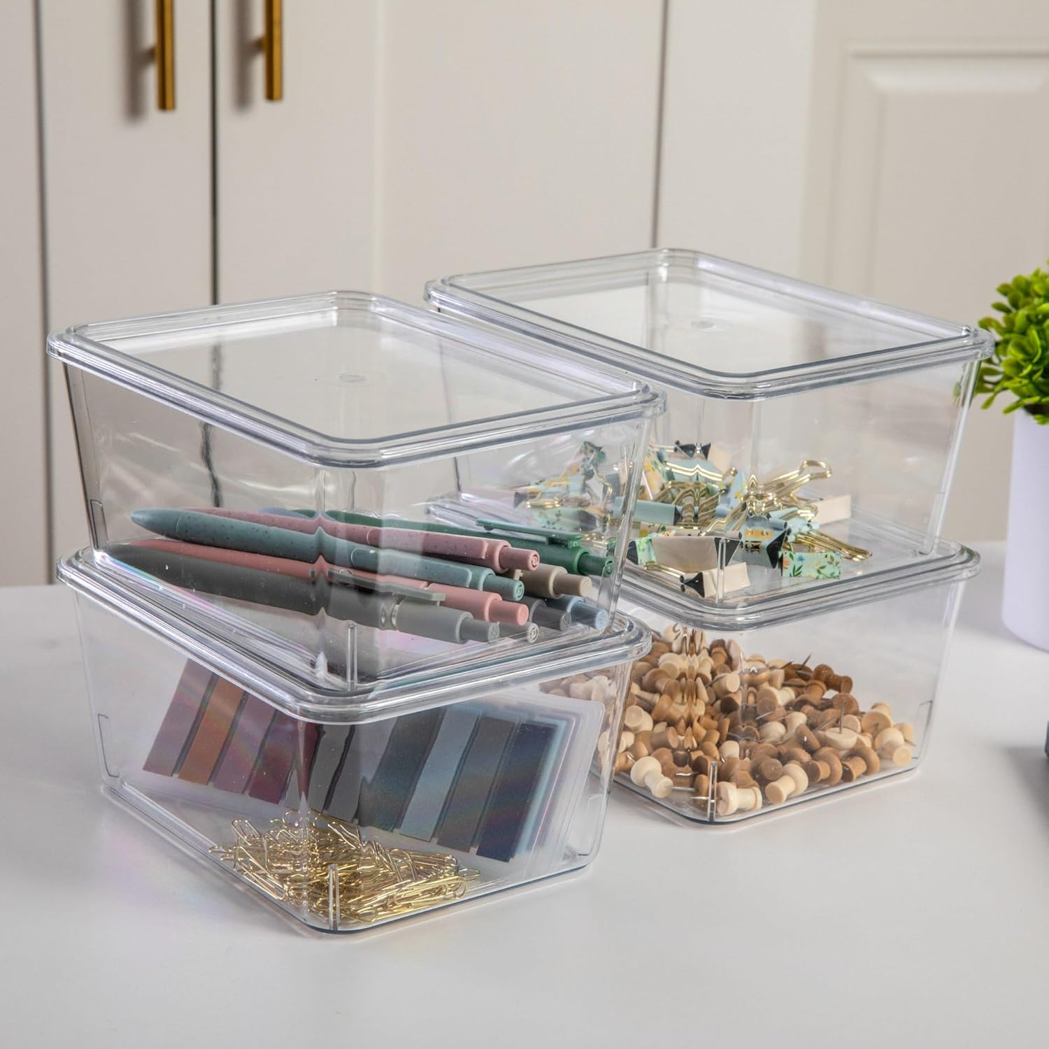 Martha Stewart Brody Plastic Storage Organizer Bins with Transparent Lids for Home Office, Kitchen, or Bathroom, 4 Pack