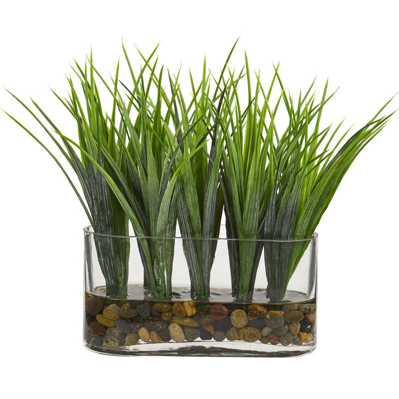 Nearly Natural 9inH Vanilla Grass Artificial Plant With Oval Vase, 9inH x 7inW x 3inD, Clear/Green