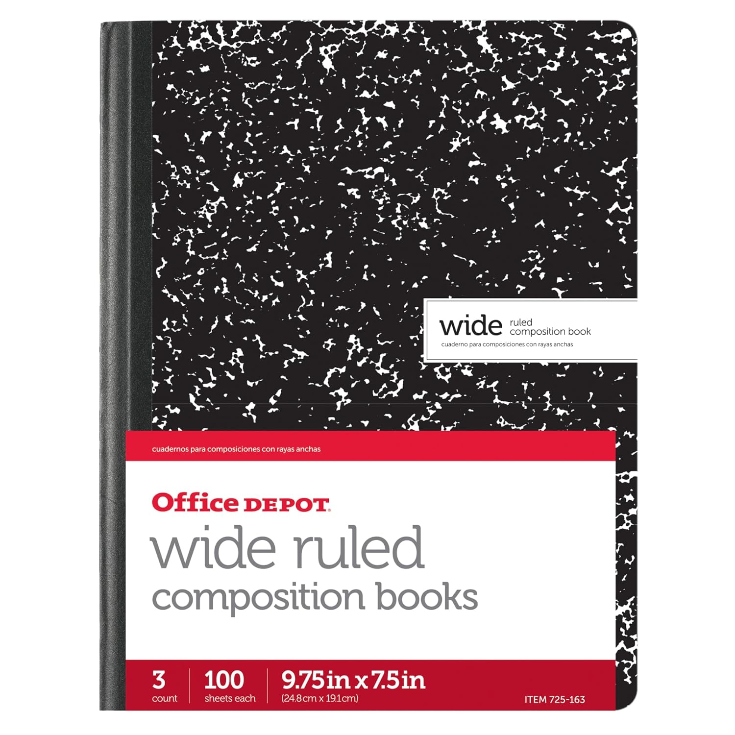 Office Depot Composition Book, 7 1/2in. x 9 3/4in., Wide-Ruled, 100 Sheets, Black/White Marble, Pack Of 3, 14776