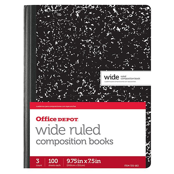Office Depot Composition Book, 7 1/2in. x 9 3/4in., Wide-Ruled, 100 Sheets, Black/White Marble, Pack Of 3, 14776