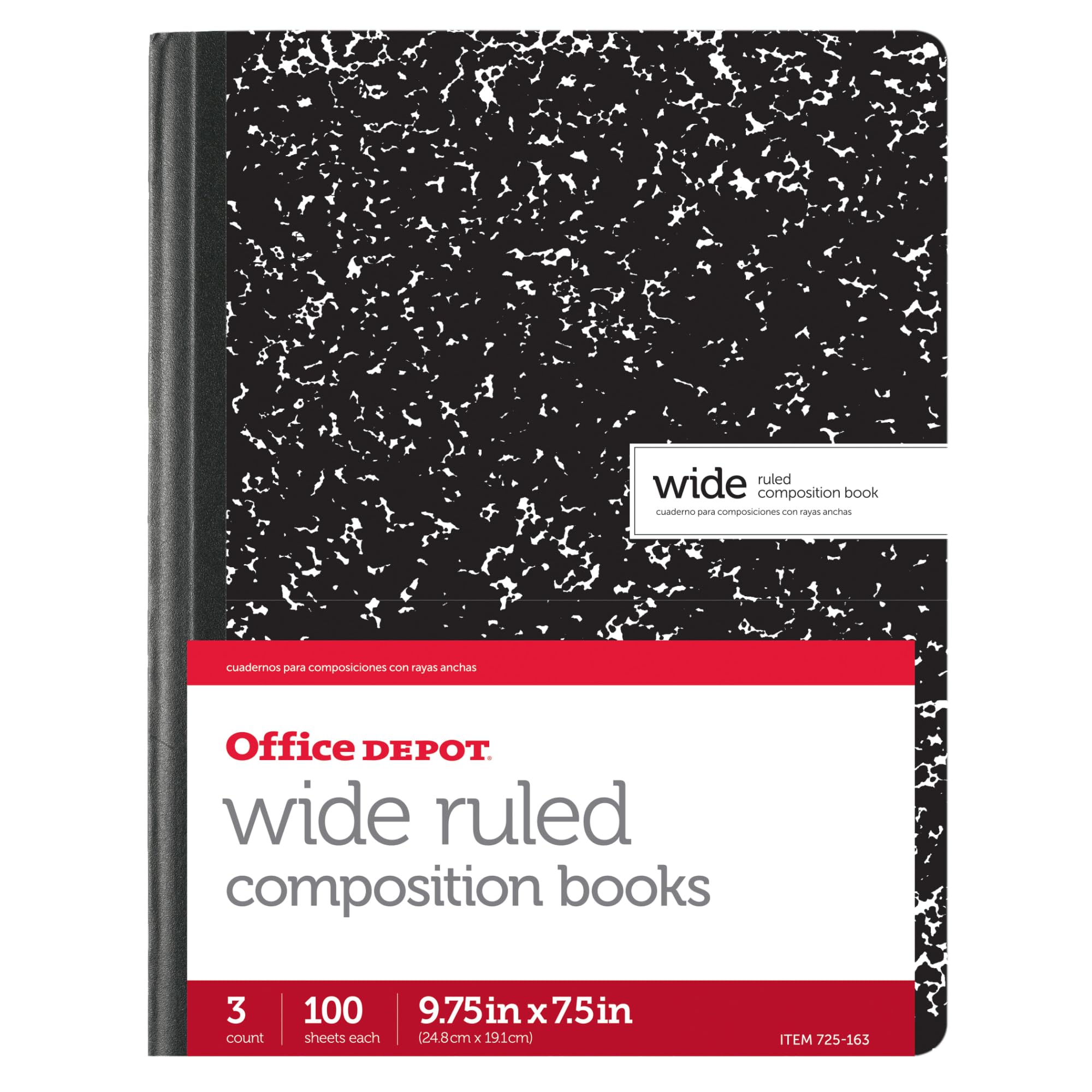 Office Depot Composition Book, 7 1/2in. x 9 3/4in., Wide-Ruled, 100 Sheets, Black/White Marble, Pack Of 3, 14776