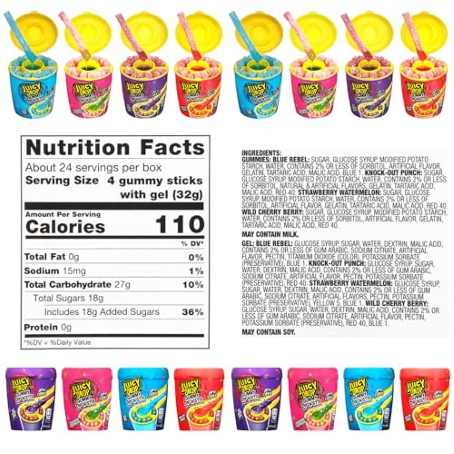 Juicy Drop Gummy Dip 'N Stix Assorted Candy Variety Pack, Sweet Gummy Sticks W/ Sour Dipping Gel, 8 Pack