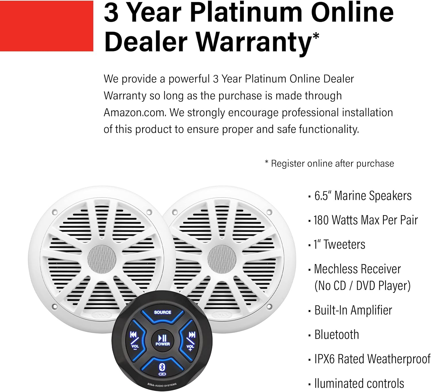 BOSS Audio Systems MG150W.6 Marine Boat Stereo Sound System Speaker Package - Built-in 2 Cannel Amplifier Head Unit