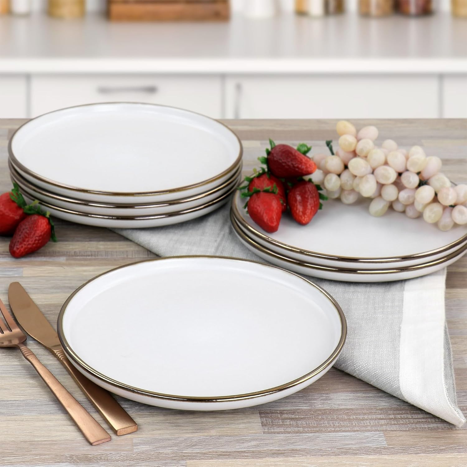 ELAMA 6-Piece Matte Stoneware Salad Plate Set with Gold Rim