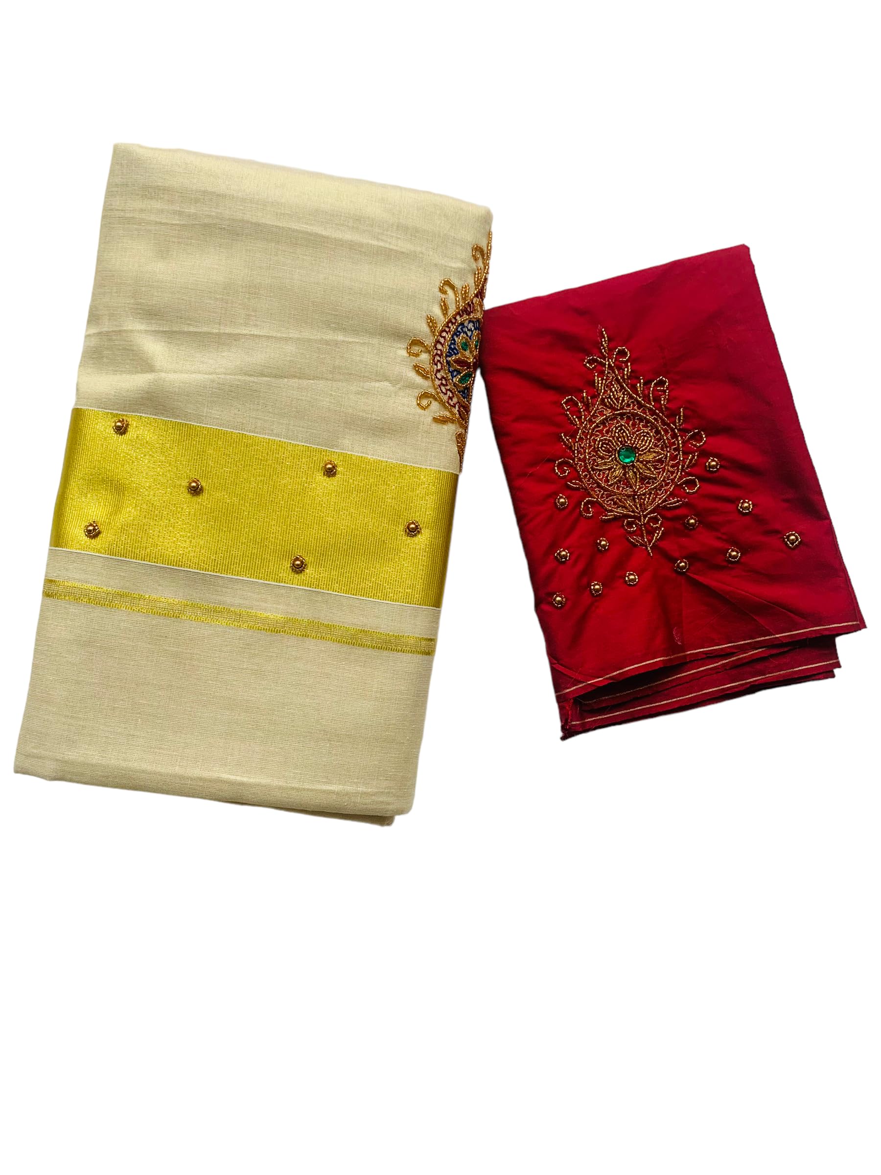 Kuthampully Kerala Kasavu Sarees For Women | Handcrafted Aari work Kerala Sarees | Tissue Onam Saree With Running Blouse | South Indian Sarees | Onam Saree EKM-806-Maroon