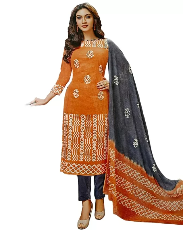 Unstitched Salwar Kameez Suit Set with Dupatta, Orange, and grey