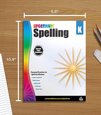 Spectrum Spelling Kindergarten Workbooks, Ages 5 to 6, Kindergarten Spelling, Phonics Activities With Alphabet Letters, Sight Words, Vowels, and Dictionary Skills - 128 Pages (Volume 27)