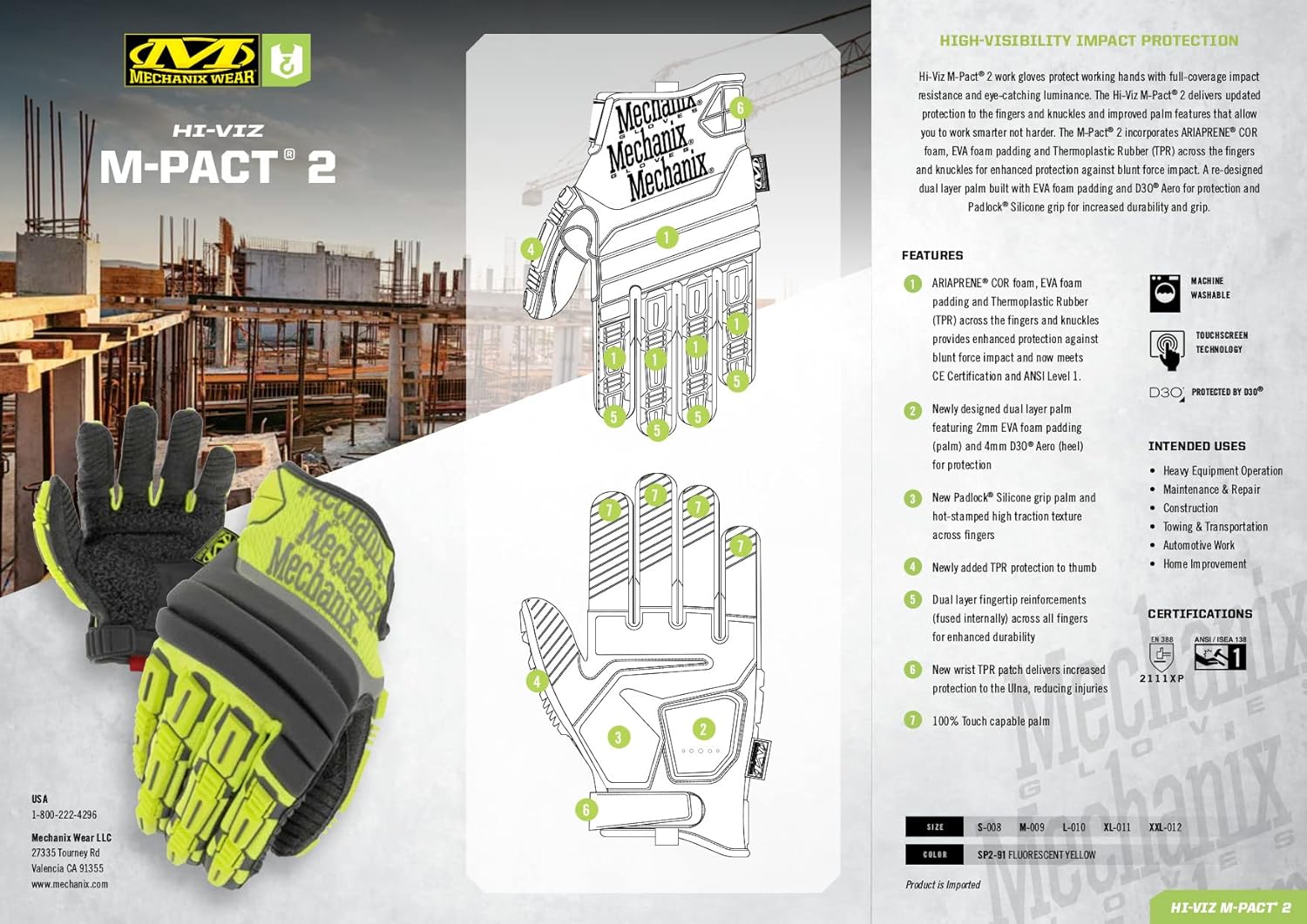 Mechanix Wear Hi-Viz M-Pact 2 Work Gloves