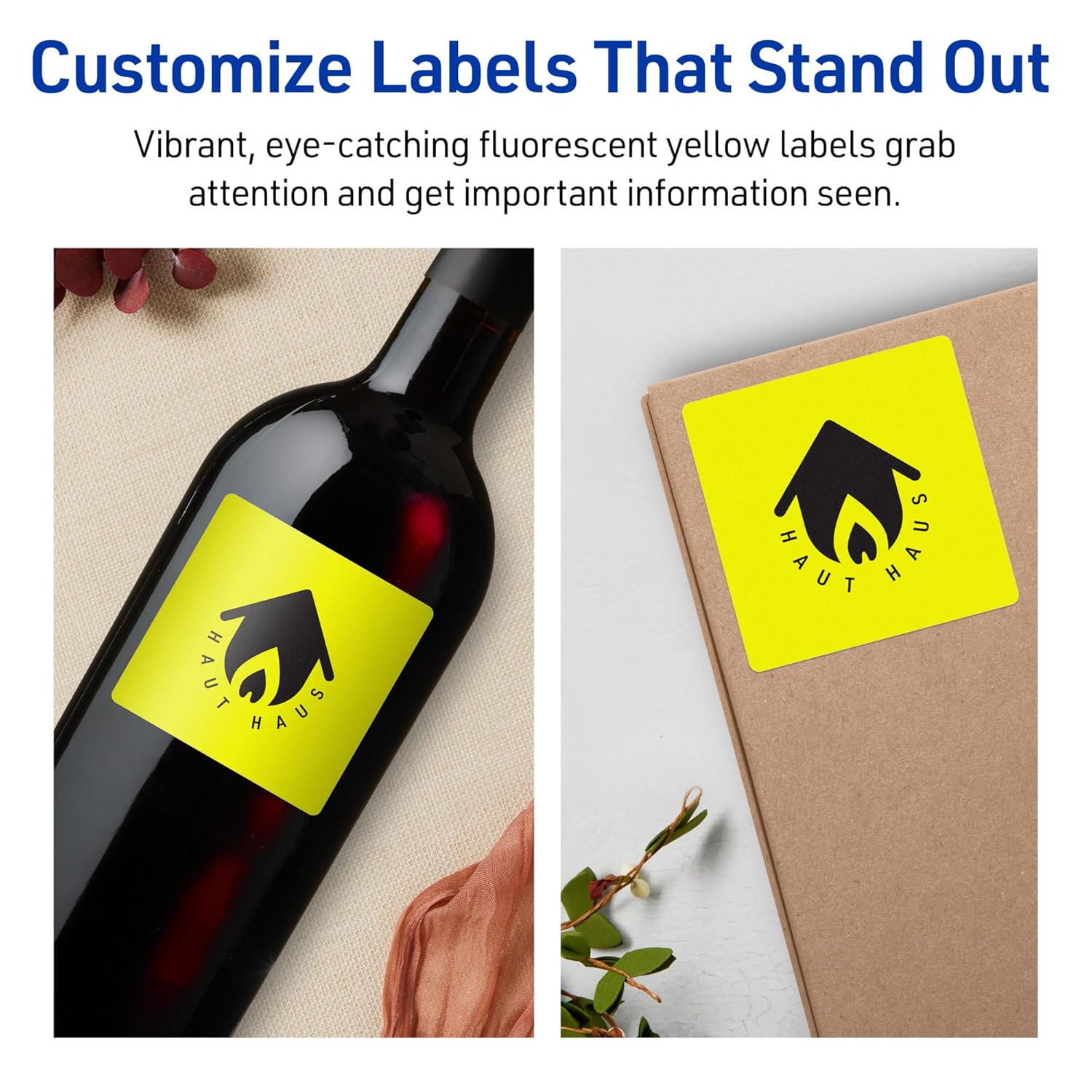 Avery Printable Square Labels, Sure Feed Technology, 2-3/4" x 2-3/4", Neon Yellow, Print-to-The-Edge, Laser/Inkjet