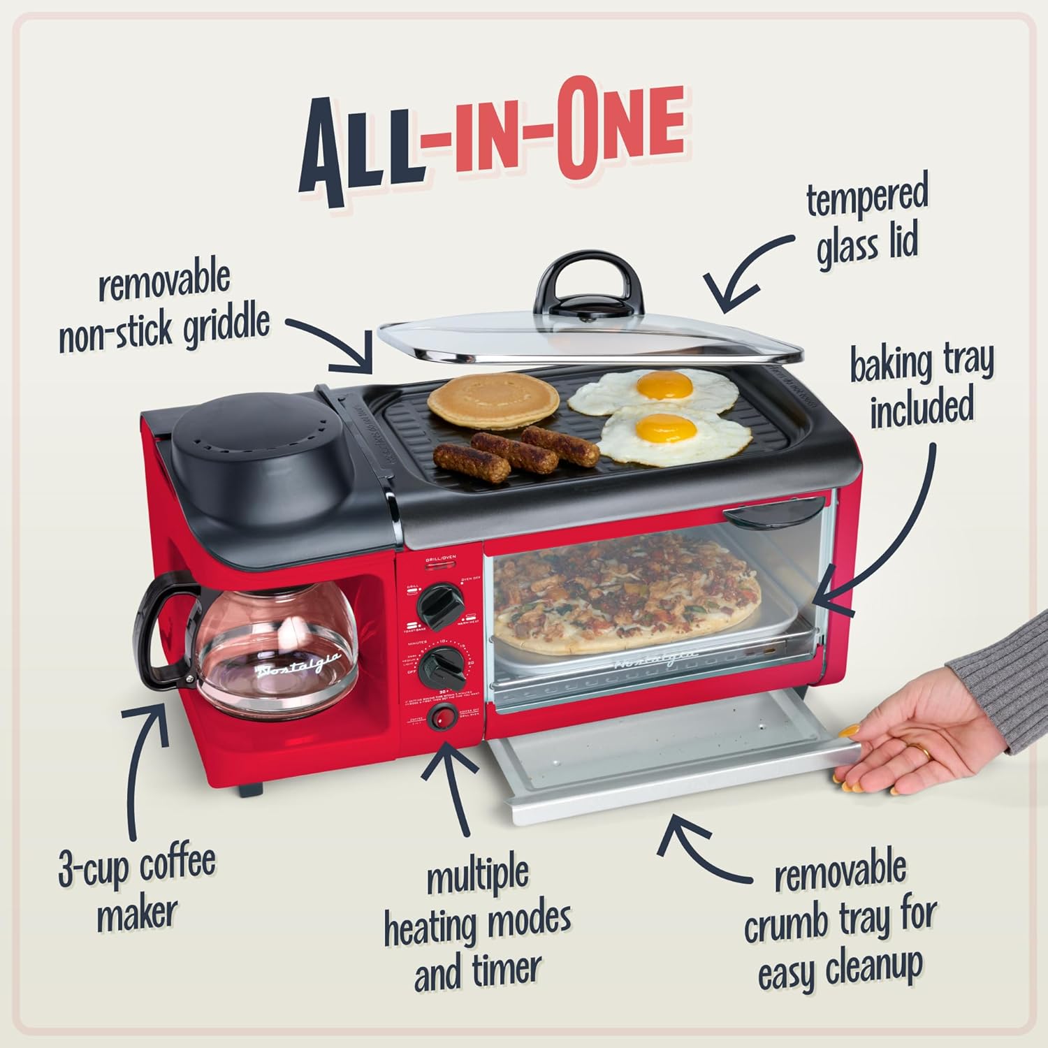 Nostalgia 3-in-1 Breakfast Station - Coffee Maker, Non-Stick Griddle, 4-Slice Toaster Oven