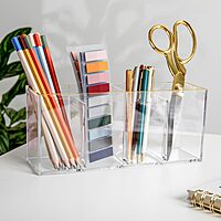 Martha Stewart Kerry Plastic 4 Compartment Pen Holder Office Desktop Organizer, with Gold Trim