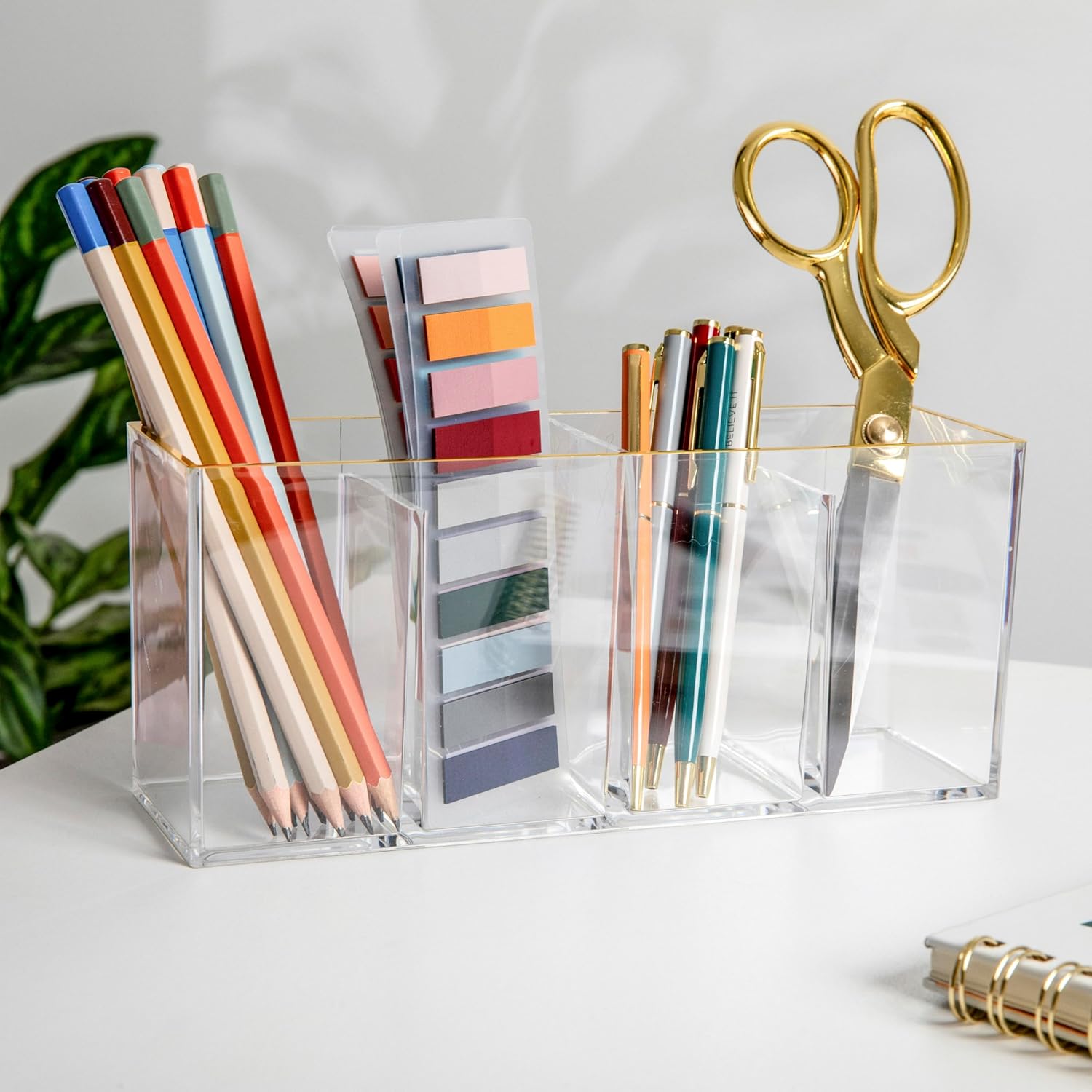 Martha Stewart Kerry Plastic 4 Compartment Pen Holder Office Desktop Organizer, with Gold Trim