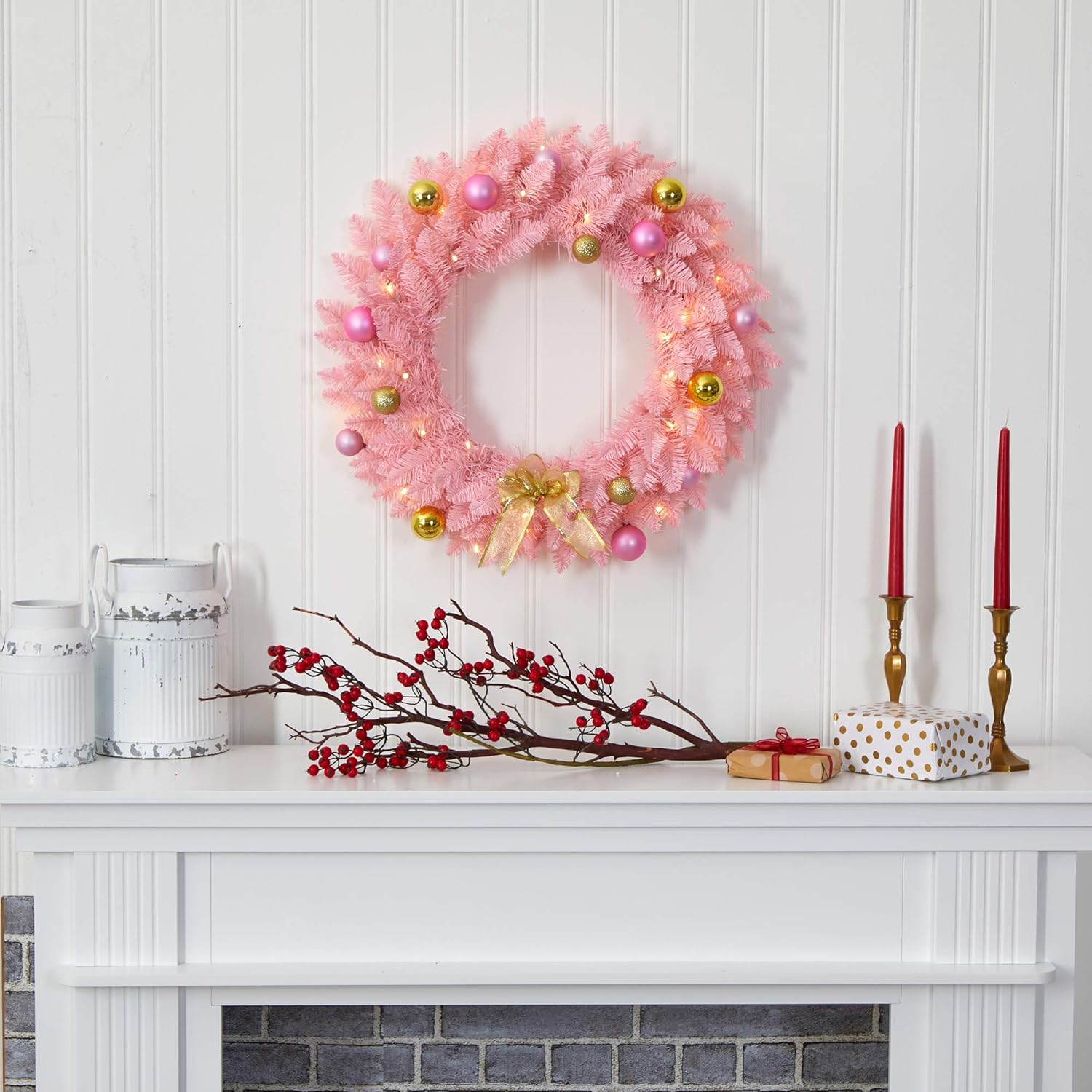 Nearly Natural 24in. Pink Artificial Christmas Wreath with 35 LED Lights and Ornaments