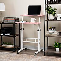 Mind Reader Standing Desk, Adjustable Height, Computer Desk, Laptop Desk, Portable, Rolling, 15" L x 22" W x 39" H, Pink