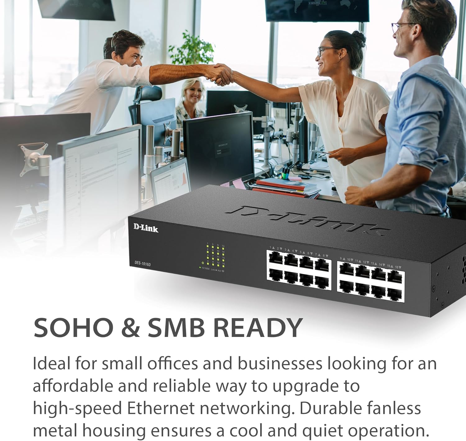 D-Link 16 Port Fast Ethernet Switch Unmanaged 10/100 Mbps Desktop Rackmount Plug and Play Metal Housing Fanless Design EEE