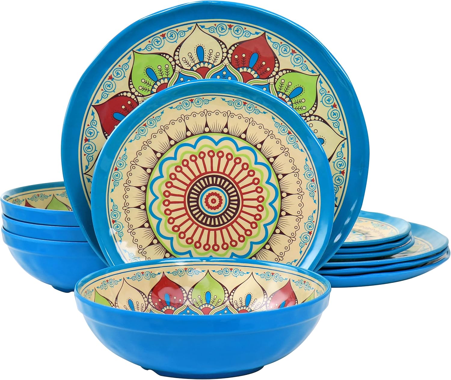 Elama Camilla 12 Piece Melamine Dinnerware Set, Multi Colored