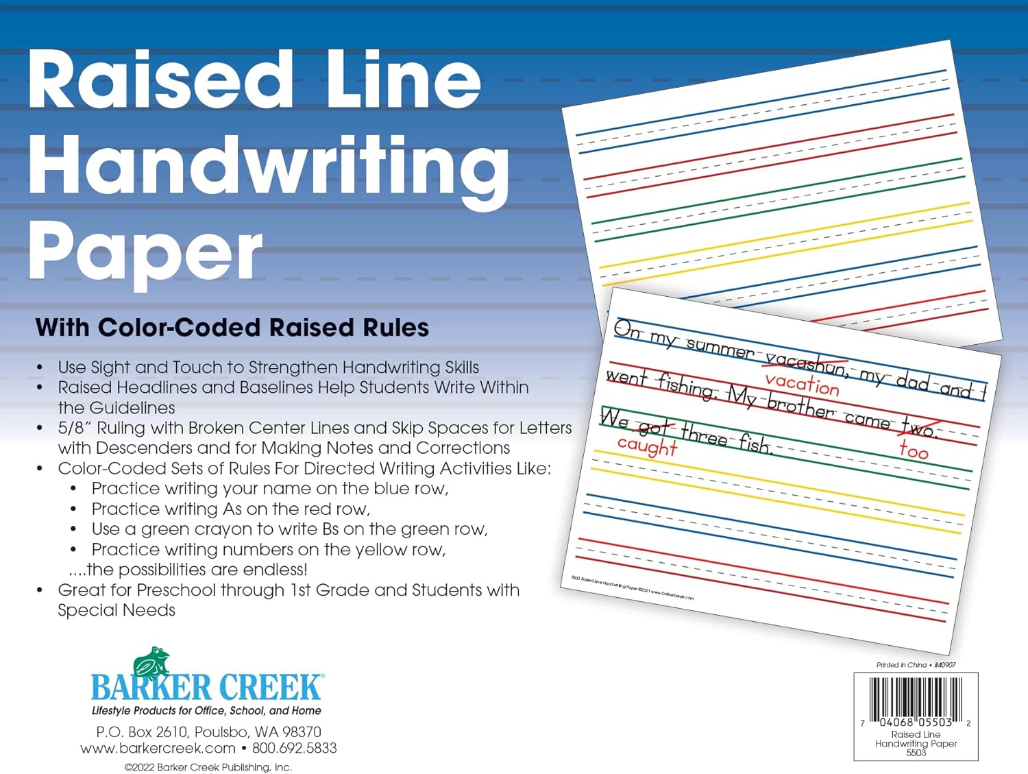 Barker Creek Raised Line Handwriting Paper with Color-Coded Raised Rules, 8.5 x 11