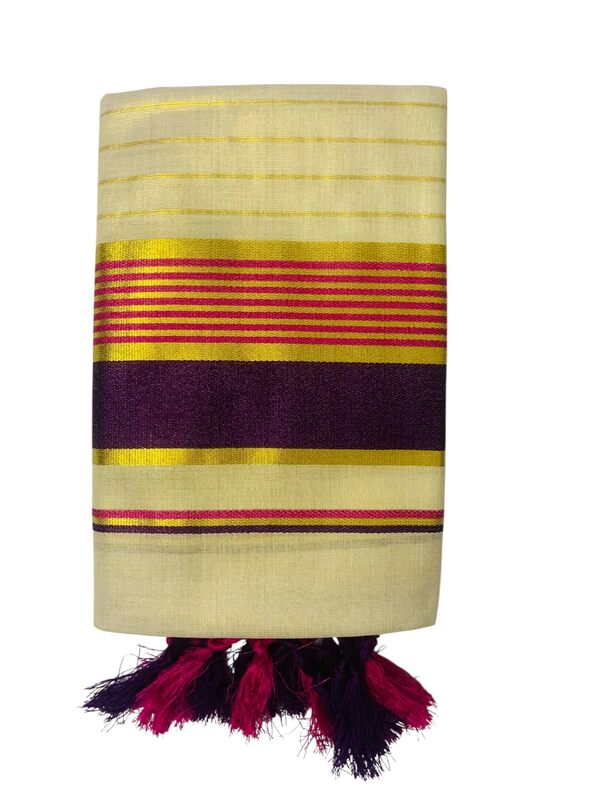Women's Kuthampully Kerala Kasavu Set mundu Tissue Stripe with Kunjam | Kerala Tissue set mundu onam latest collections | Stripe Kasavu set mundu - Multi Color KTM-912 (Wine Red)