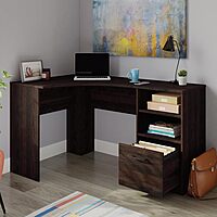 Sauder Beginnings 53inW Corner Desk with Drawer and Shelves, Cinnamon Cherry Finish