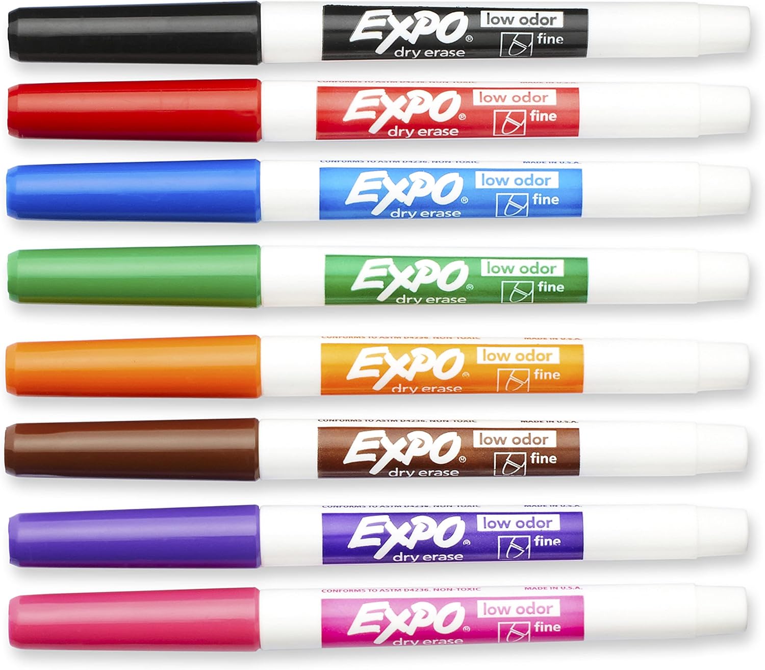 EXPO Low-Odor Dry-Erase Markers, Fine Point, Assorted Colors, Pack Of 8