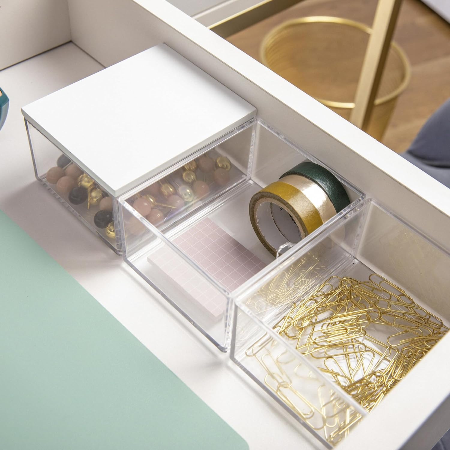 MARTHA STEWART Brody Plastic Storage Organizer Bins with Wood Lids