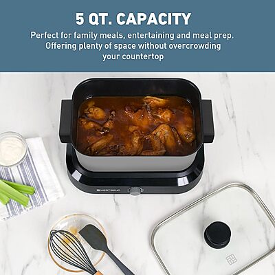 West Bend Versatility Slow Cooker Large Capacity Non-stick Cooking Vessel & Variable Temperature Heating Base Includes Travel Lid and Storage Bag, Range and Oven-Safe Cooking Pot, 5-Quart, Silver