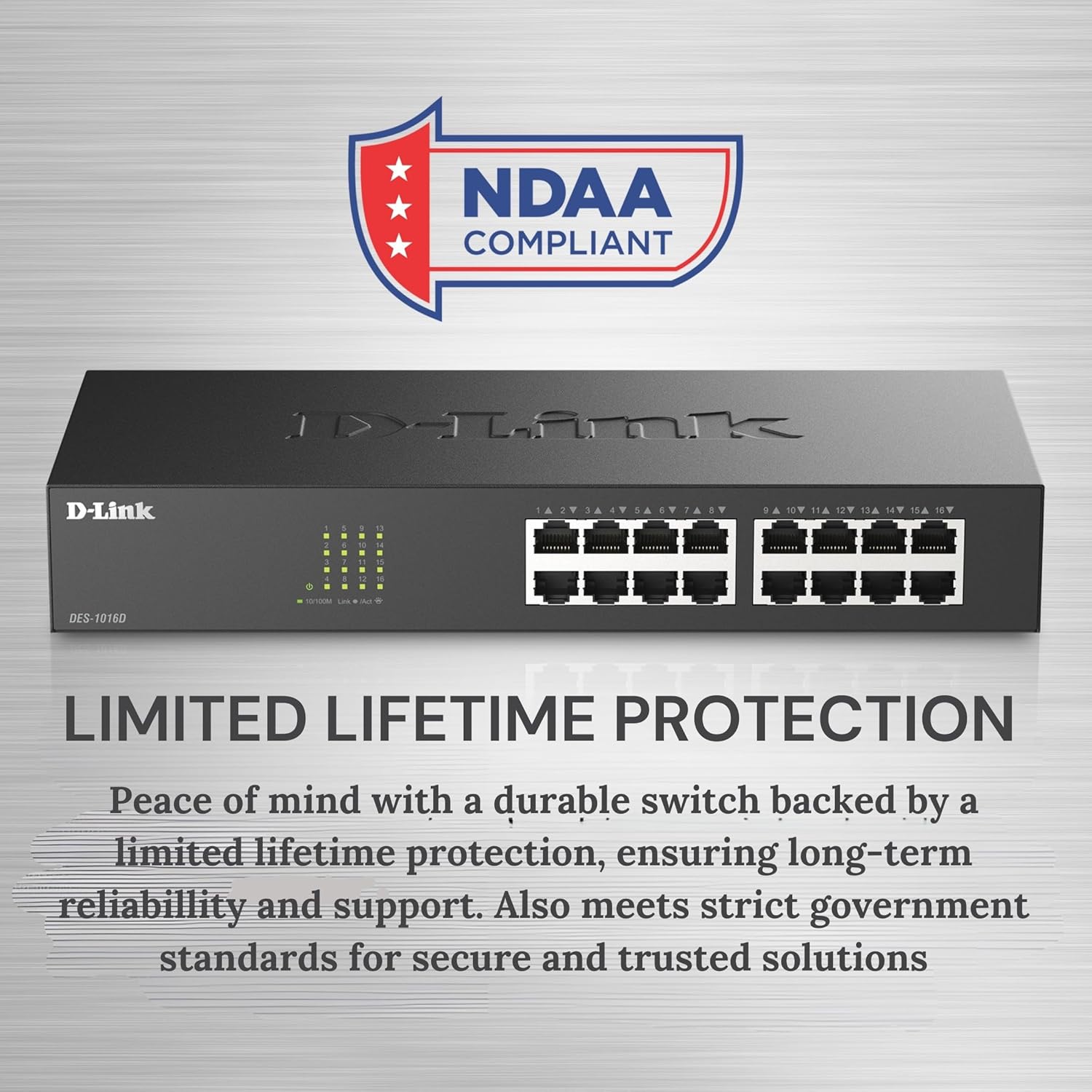 D-Link 16 Port Fast Ethernet Switch Unmanaged 10/100 Mbps Desktop Rackmount Plug and Play Metal Housing Fanless Design EEE