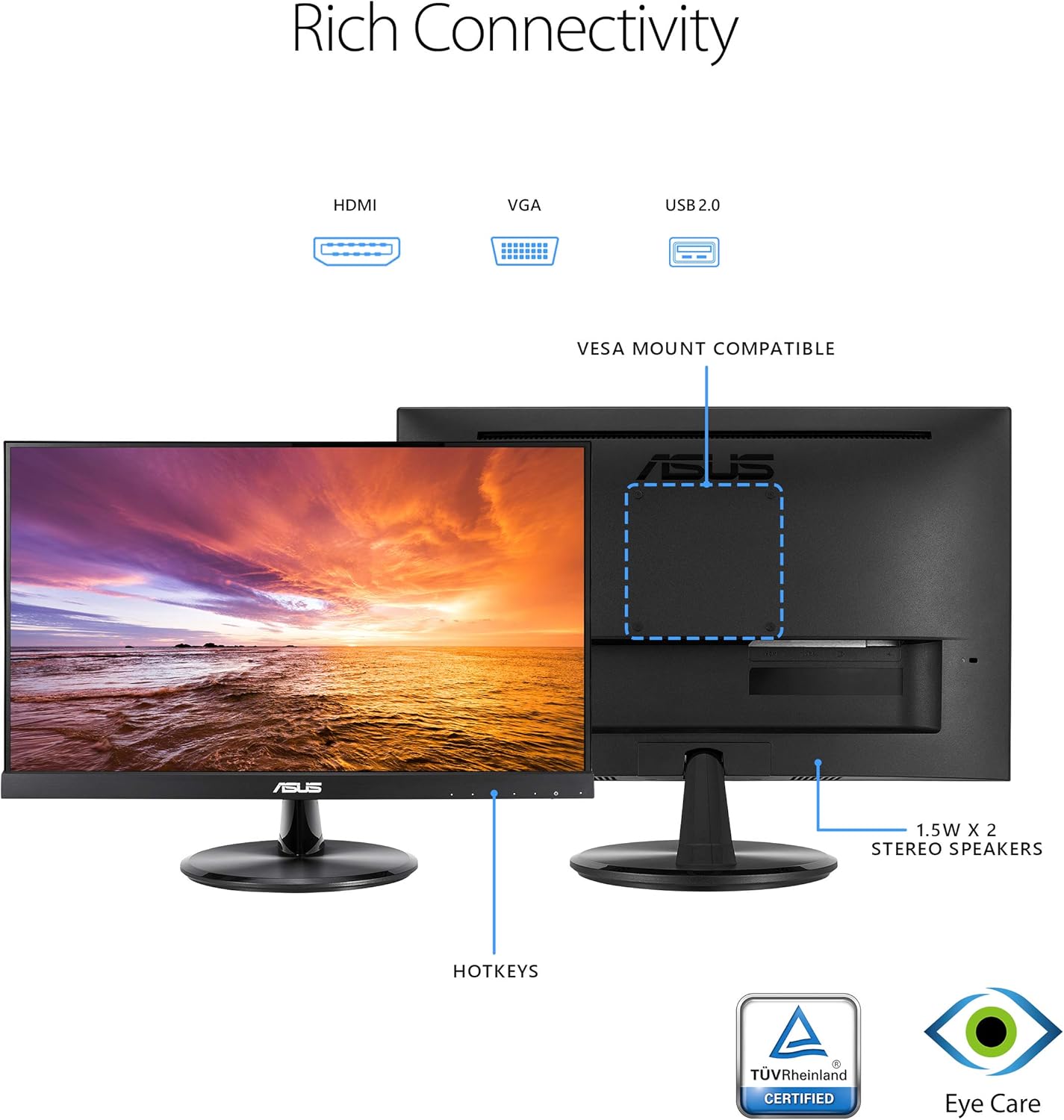 ASUS VT229H 21.5" Monitor 1080P IPS 10-Point Touch Eye Care with HDMI VGA, Black 21.5" IPS 10-Point Touch Screen