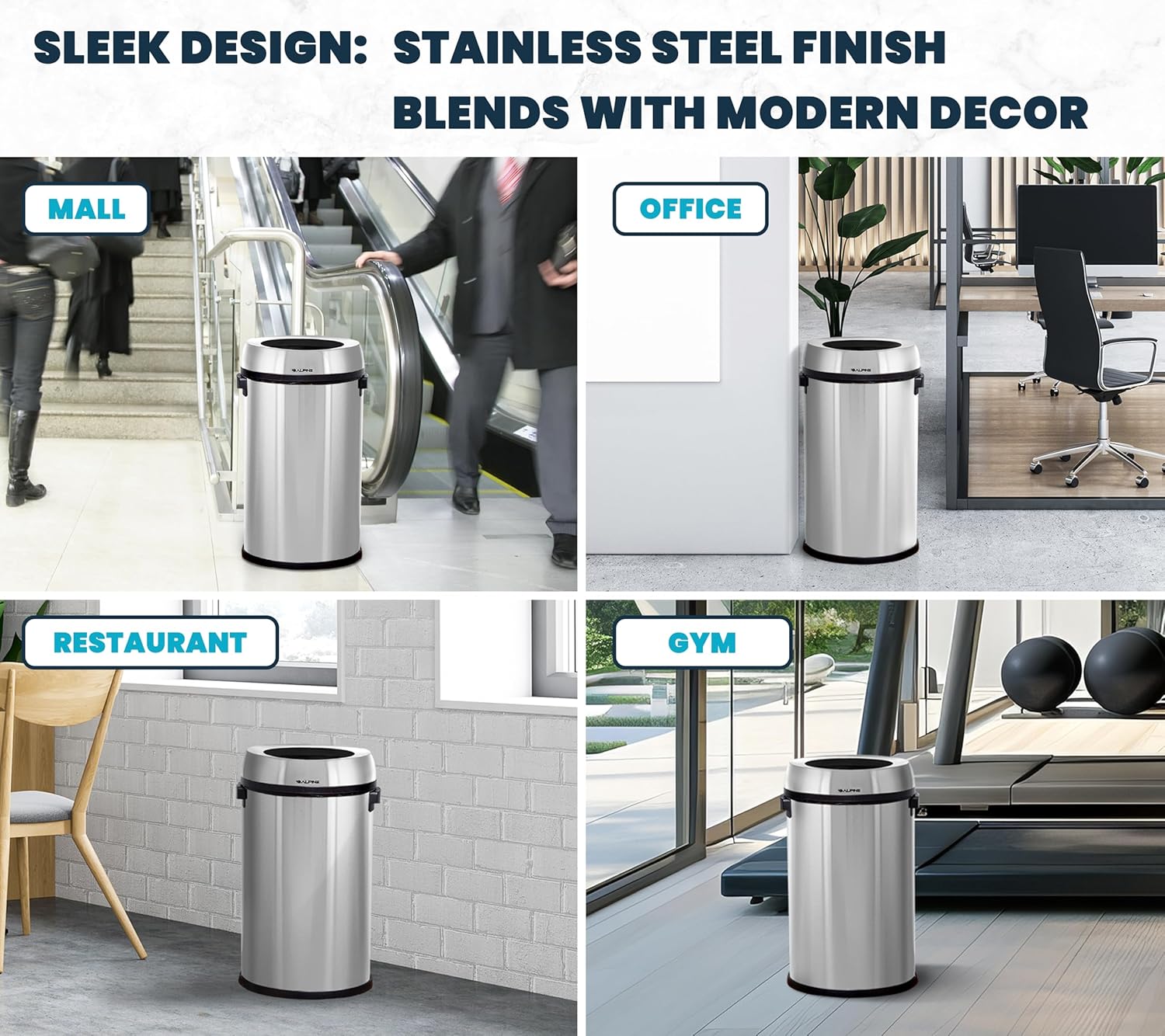 Alpine 17 Gallon Stainless Steel Open Top Trash Can – Commercial-Grade, Corrosion-Resistant, Brushed Finish